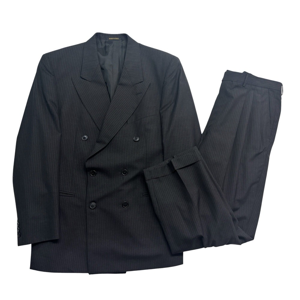 vtg 90s Giorgio Fellini Italy 42R 36x28 Charcoal Double Breasted Pant Suit Wool
